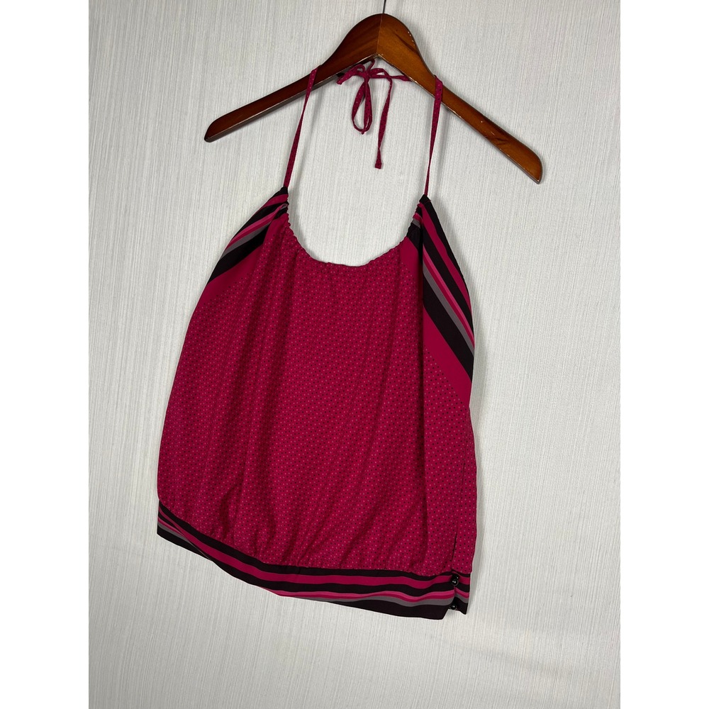 Old Navy Y2K Style Halter Top Womens M Pink Polka Dot Striped Banded Hem Blouse
